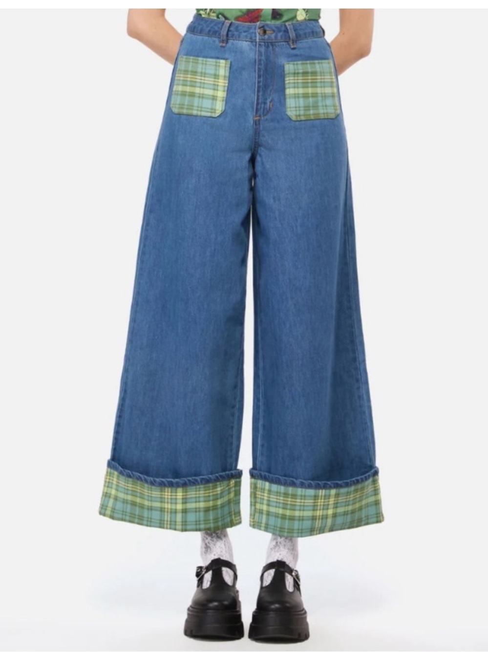 Dangerfield plaid patchwork Wide Leg Jeans country quirky 4